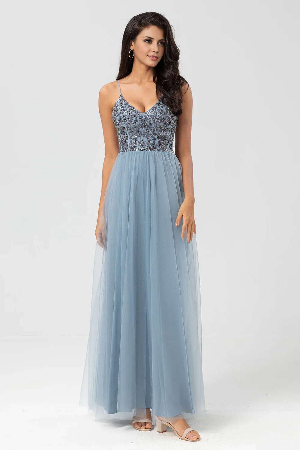 OKBBN's elegant and flowing A-line thin shoulder strap adorned with beaded chiffon Bridesmaid Dresses