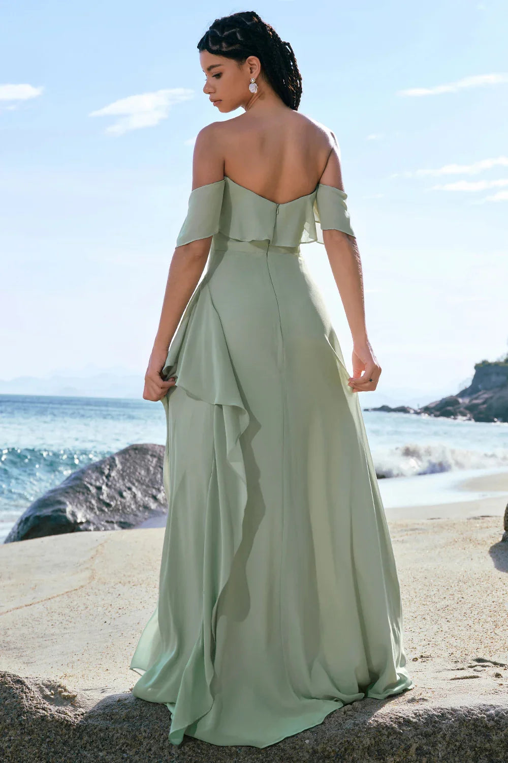 OKBBN's elegant and tight off shoulder chiffon with ruffled edges and split Bridesmaid Dresses