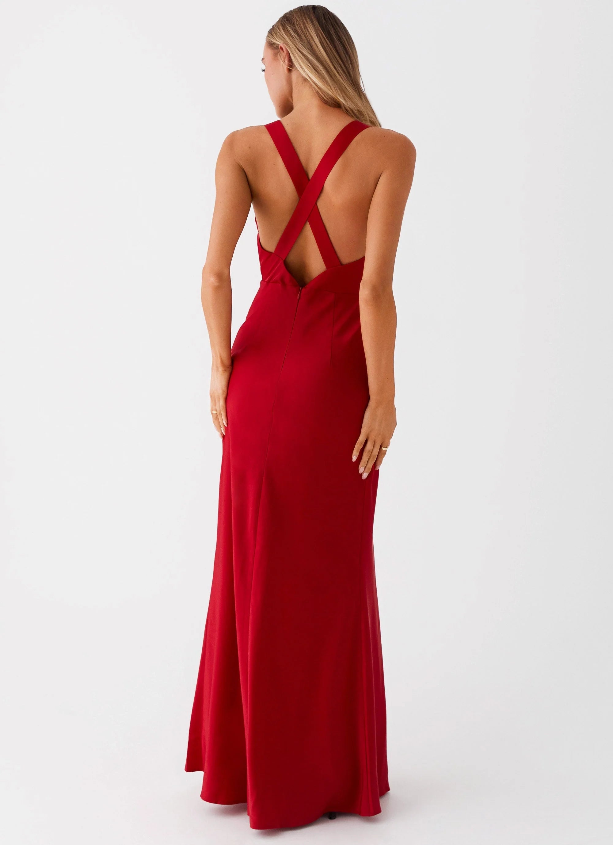 OKBBN's elegant low V-neck shoulder straps with bold back cross lines, smooth silhouette Prom Dresses