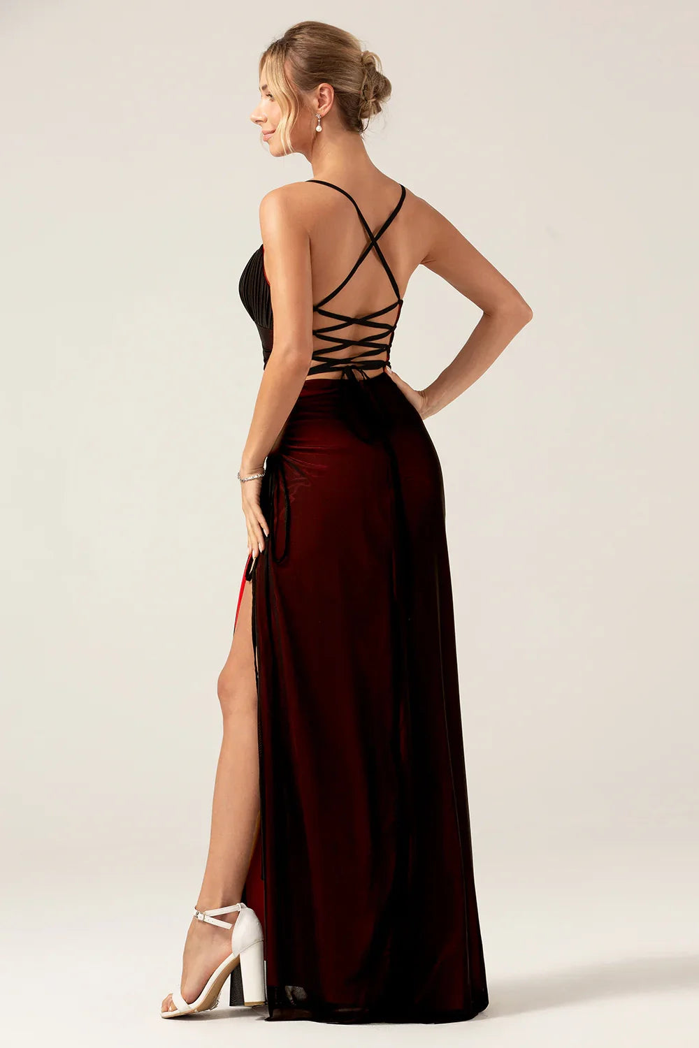 OKBBN's elegant tight fitting slim shoulder strap with slit long Bridesmaid Dresses