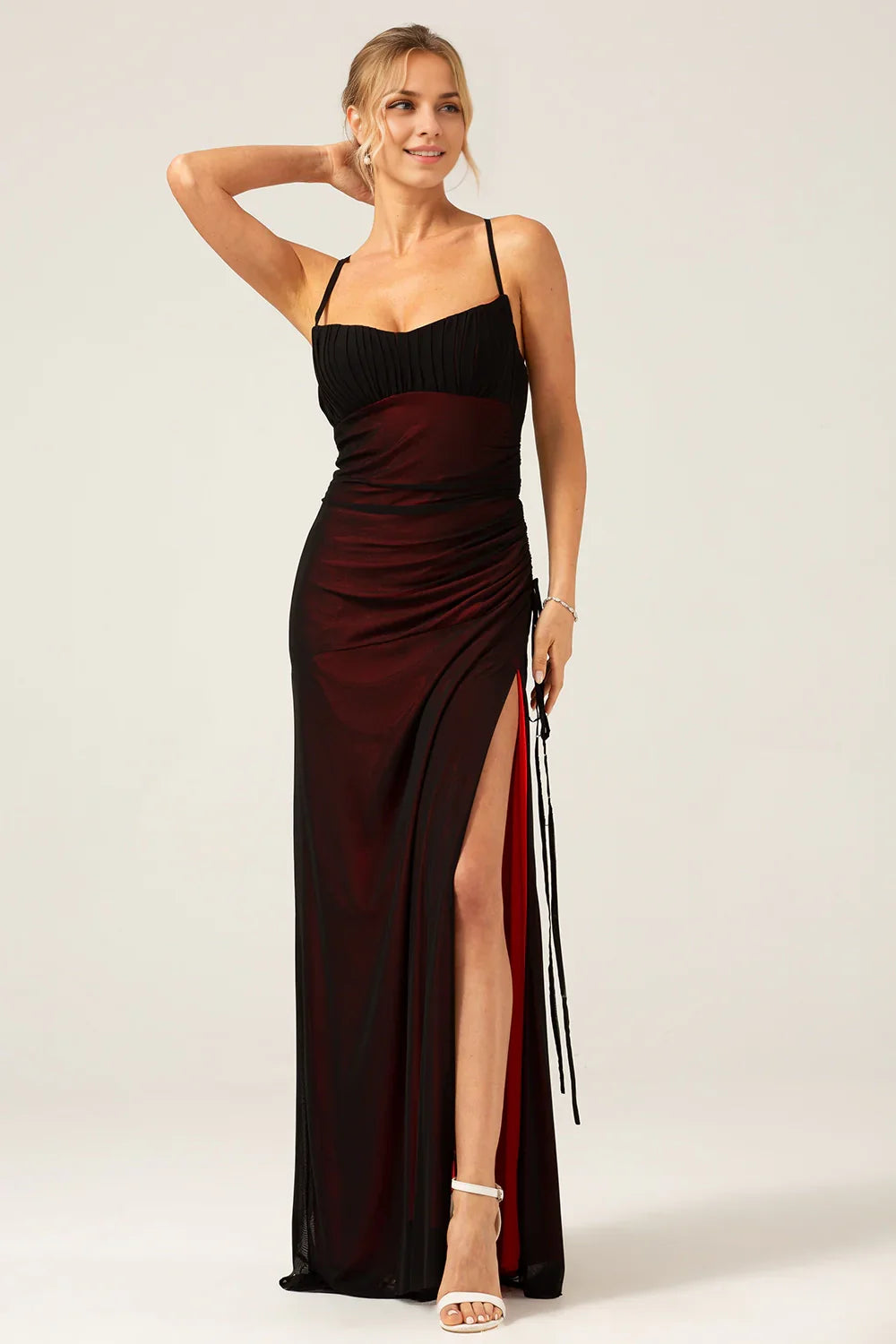 OKBBN's elegant tight fitting slim shoulder strap with slit long Bridesmaid Dresses