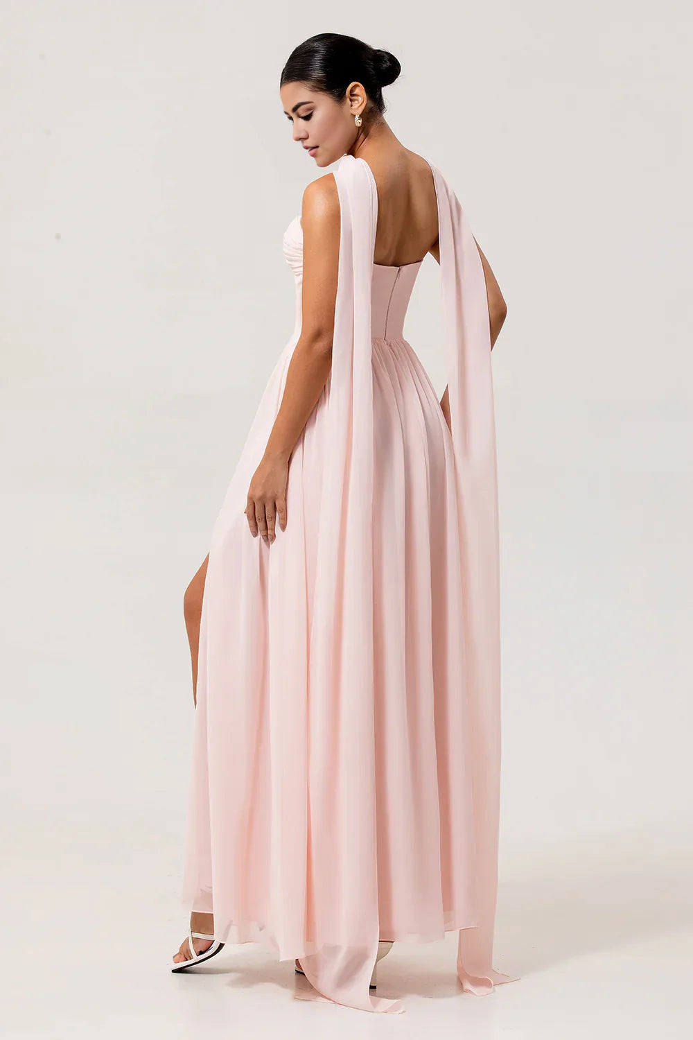 OKBBN's eye-catching A-line off shoulder pleated tight corset chiffon variable long slit Bridesmaid Dresses