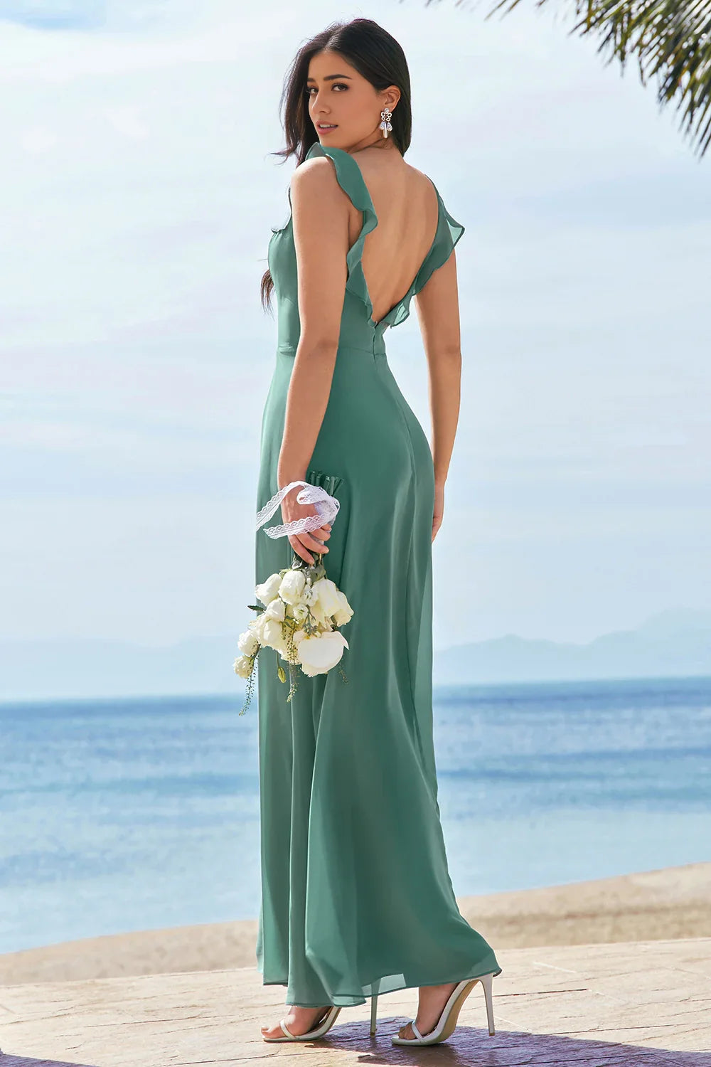 OKBBN's eye-catching A-line square neck backless and floor slit Bridesmaid Dresses