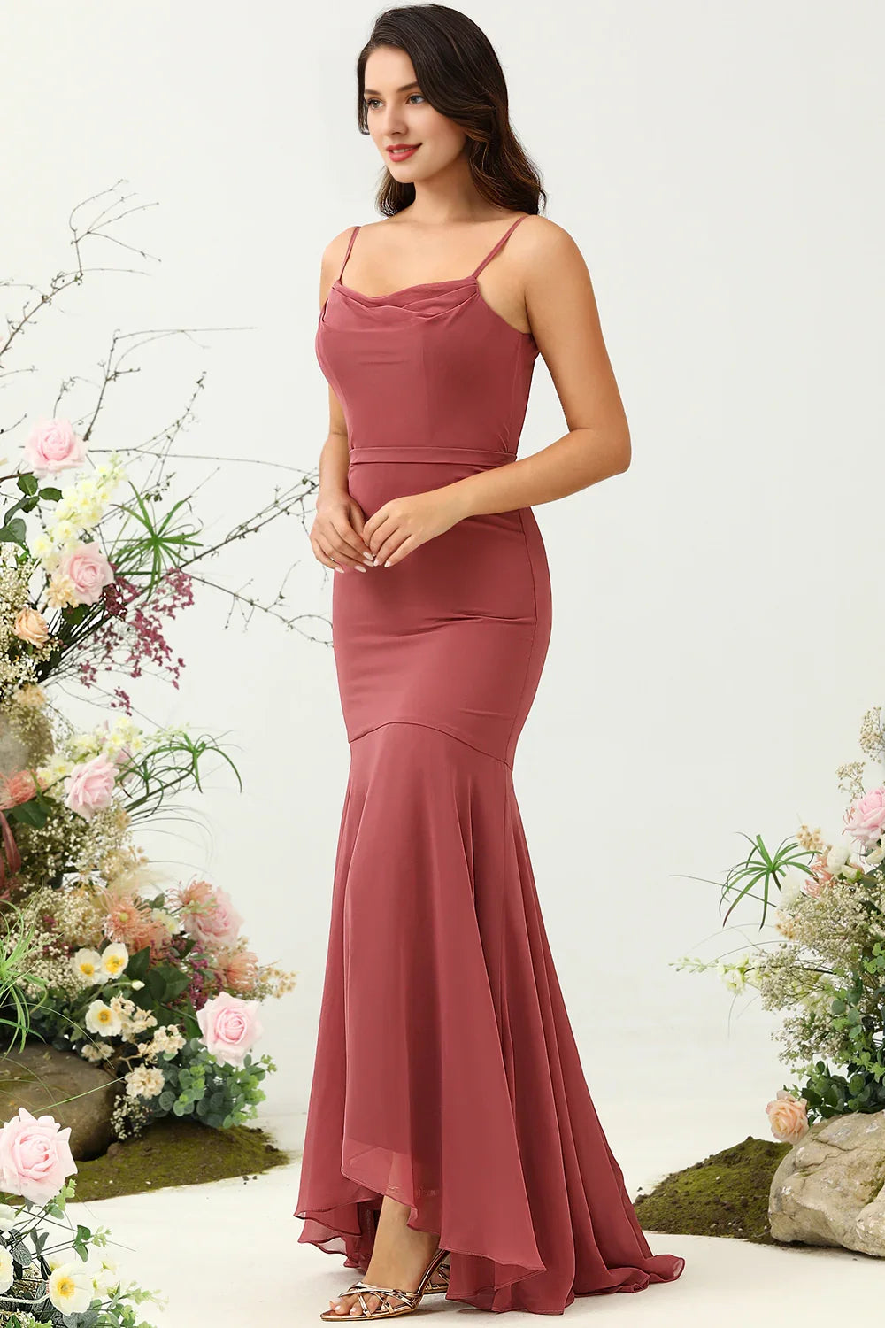 OKBBN's eye-catching slim fit mermaid slim shoulder strap asymmetrical chiffon Bridesmaid Dresses