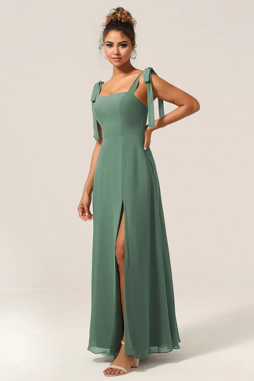 OKBBN's flowing slim fit A-line thin shoulder strap and floor slit Bridesmaid Dresses