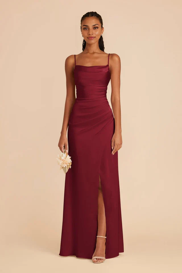OKBBN's gorgeous thin shoulder strap matte satin scarf with overlapping slits and full lining Prom Dresses