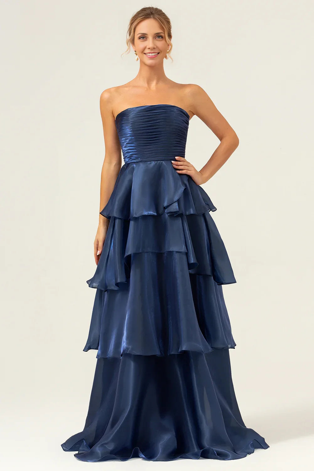 OKBBN's stunning A-line off shoulder layered pleat decoration with ruffled edges Bridesmaid Dresses