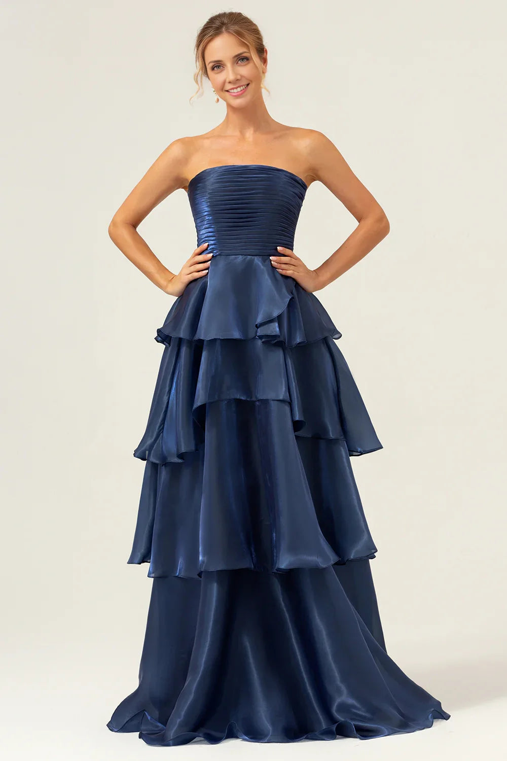 OKBBN's stunning A-line off shoulder layered pleat decoration with ruffled edges Bridesmaid Dresses