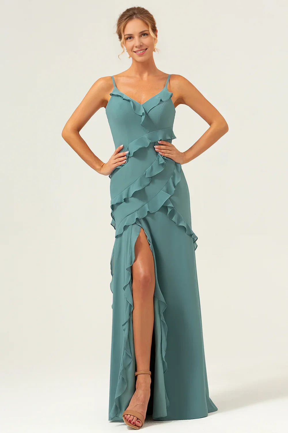 OKBBN's stunning flowing and tight thin shoulder straps with ruffled edges and floor Bridesmaid Dresses