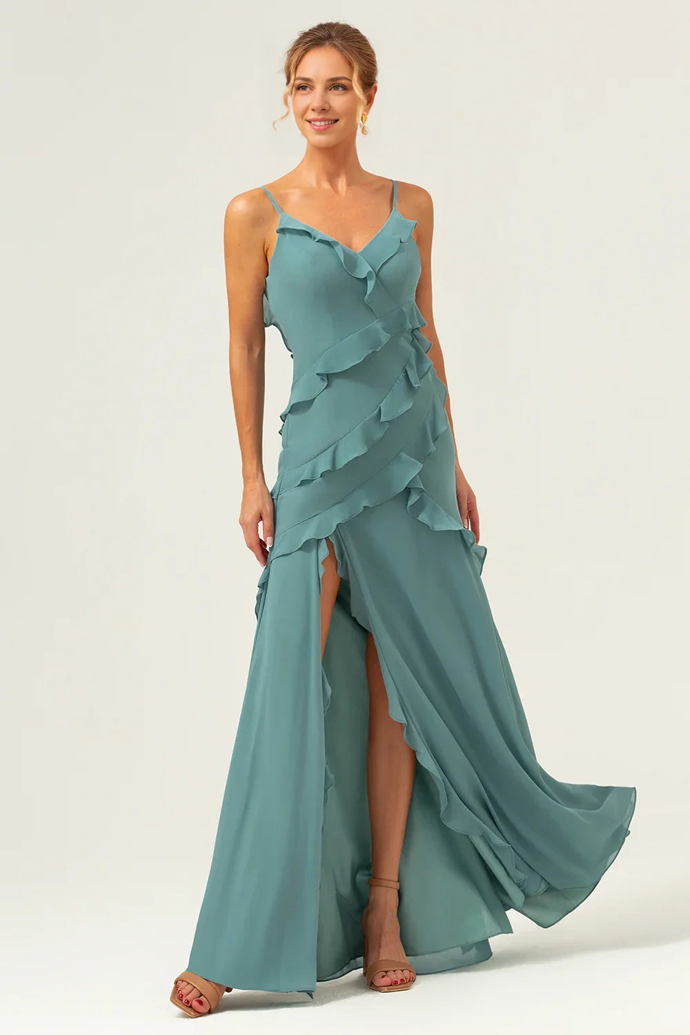 OKBBN's stunning flowing and tight thin shoulder straps with ruffled edges and floor Bridesmaid Dresses