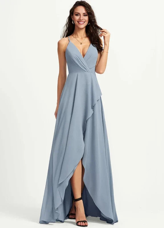 OKBBN's stunning flowing thin shoulder straps with ruffled edges and V-neck Prom Dresses