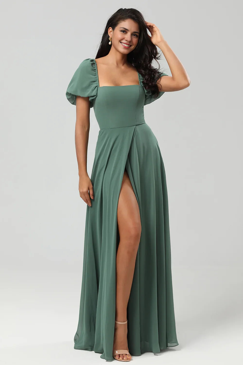 OKBBN's unique A-line square neck chiffon bubble sleeves with slits for Bridesmaid Dresses