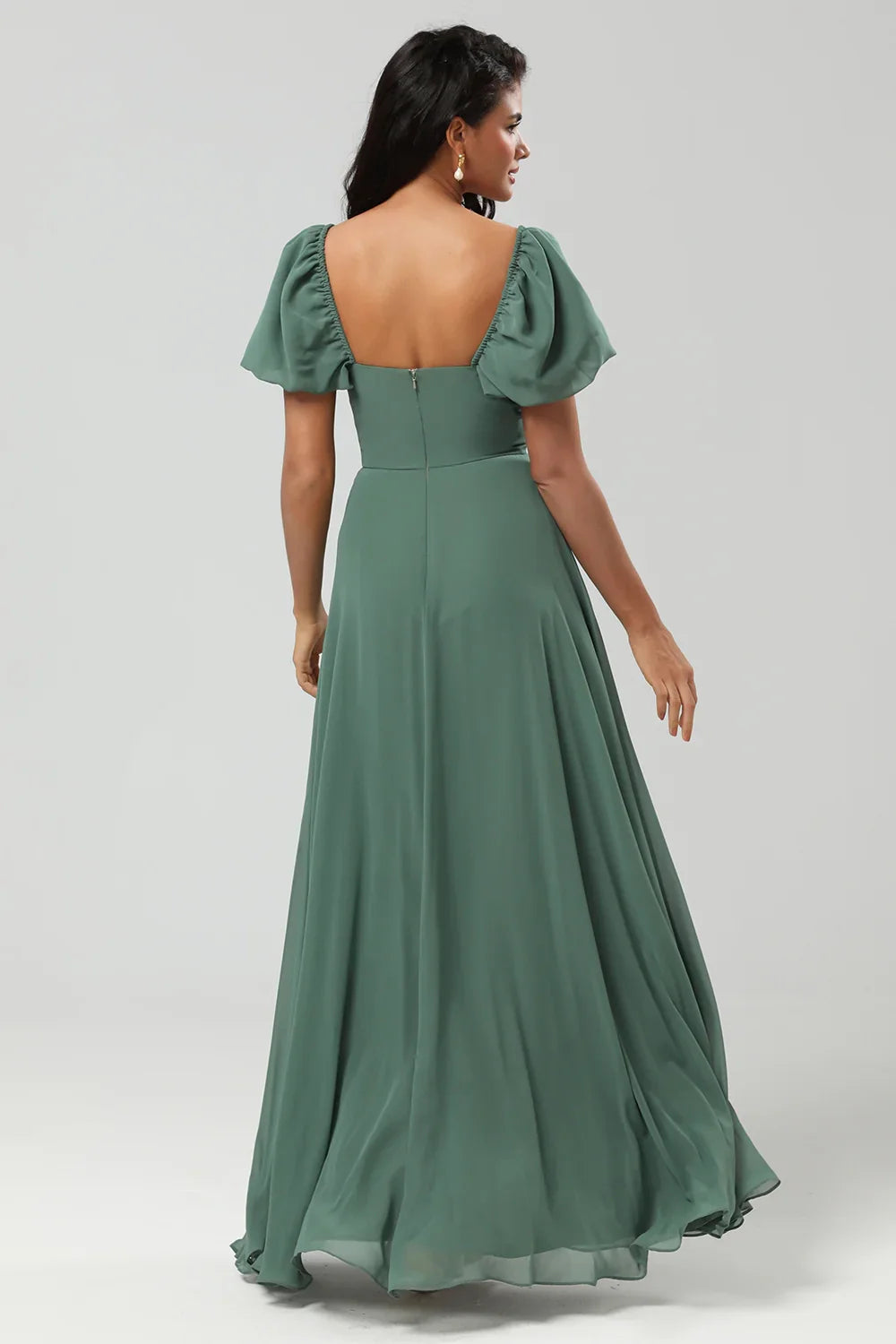 OKBBN's unique A-line square neck chiffon bubble sleeves with slits for Bridesmaid Dresses