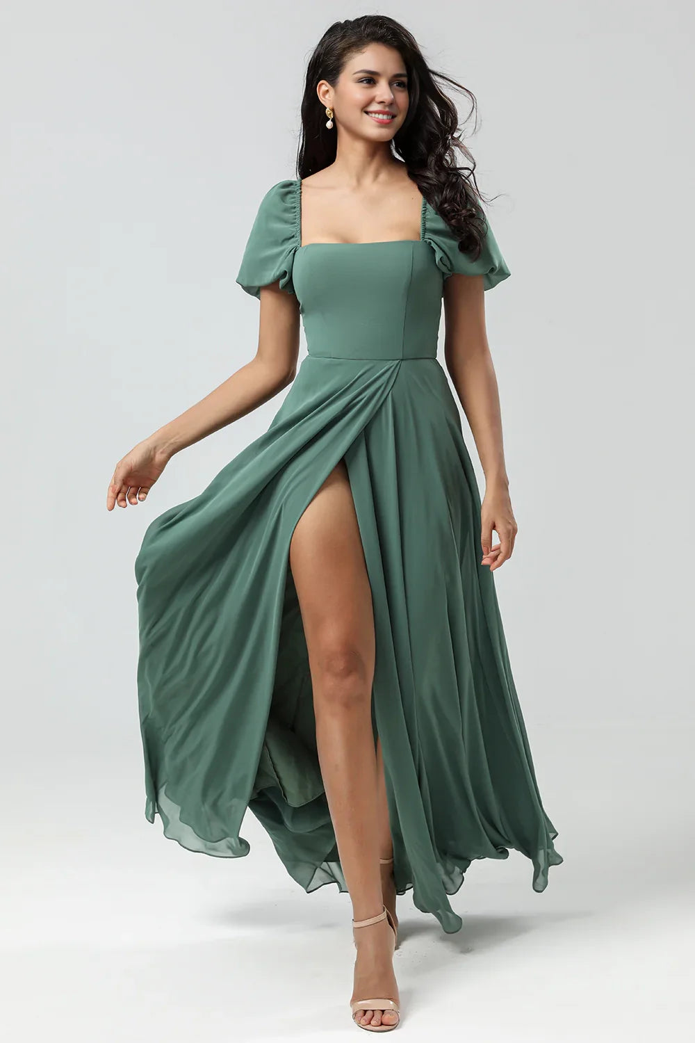 OKBBN's unique A-line square neck chiffon bubble sleeves with slits for Bridesmaid Dresses