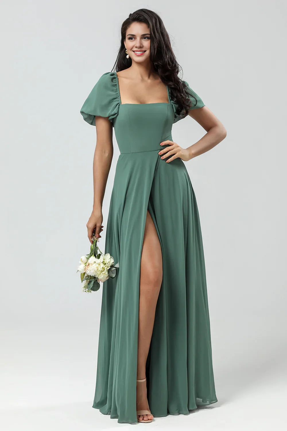 OKBBN's unique A-line square neck chiffon bubble sleeves with slits for Bridesmaid Dresses
