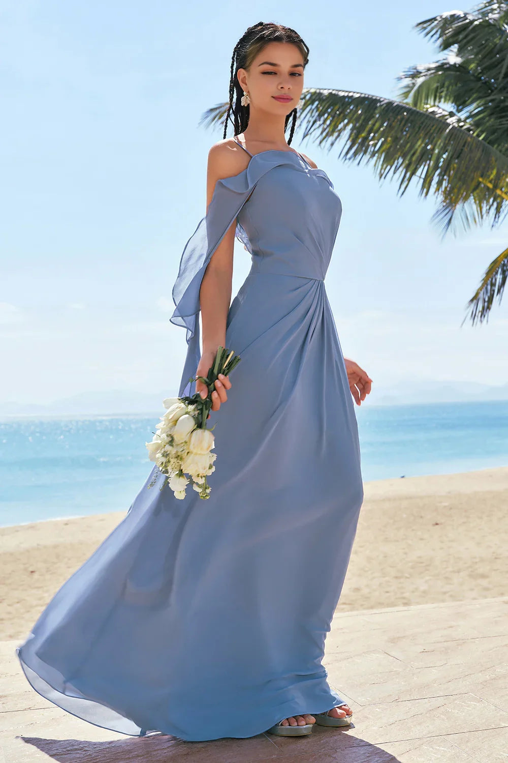 OKBBN's uniquely designed A-line off shoulder pleated chiffon slit long Bridesmaid Dresses