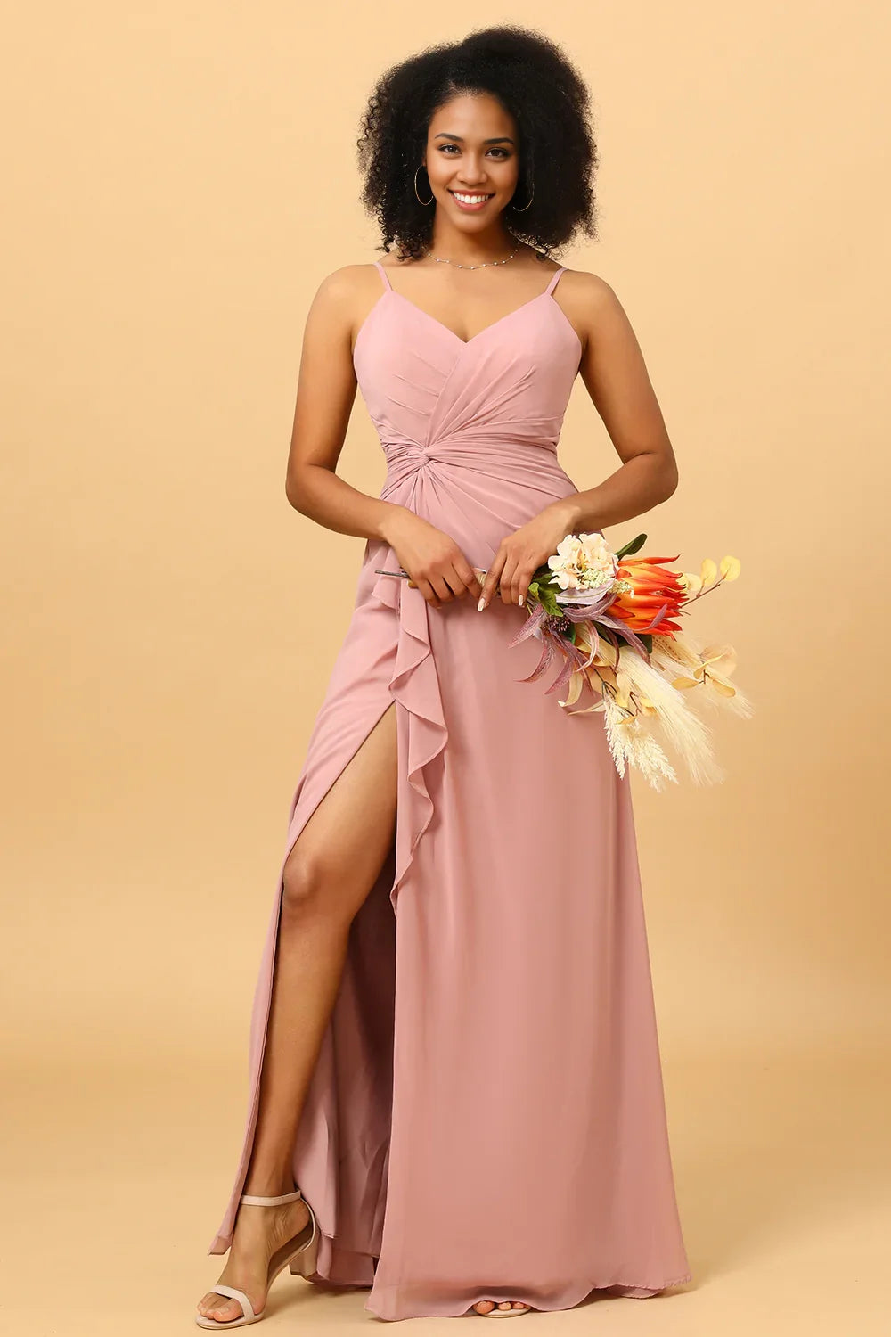 OKBBN charming A-line V-neck chiffon lotus leaf side length slit Bridesmaid Dresses