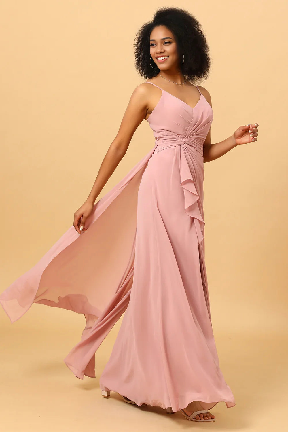 OKBBN charming A-line V-neck chiffon lotus leaf side length slit Bridesmaid Dresses