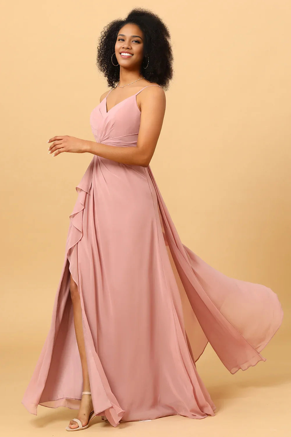 OKBBN charming A-line V-neck chiffon lotus leaf side length slit Bridesmaid Dresses
