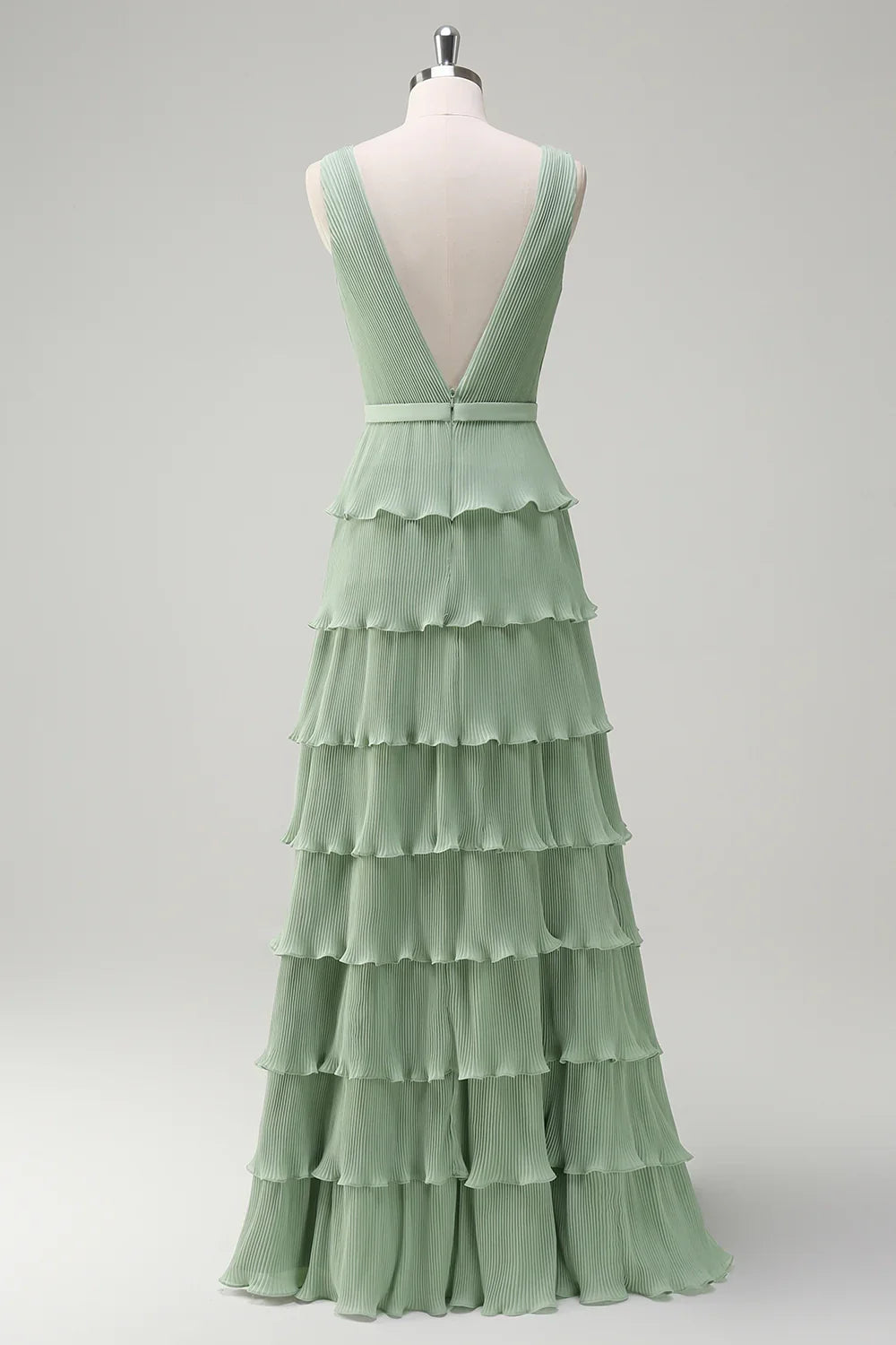 OKBBN charming A-line V-neck pleated multi-layer backless long slit Bridesmaid Dresses