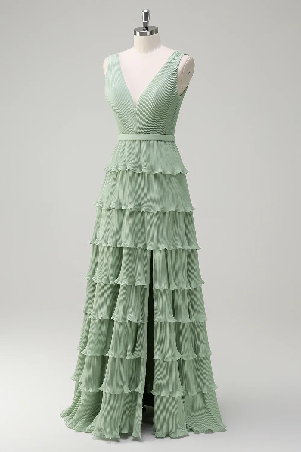 OKBBN charming A-line V-neck pleated multi-layer backless long slit Bridesmaid Dresses