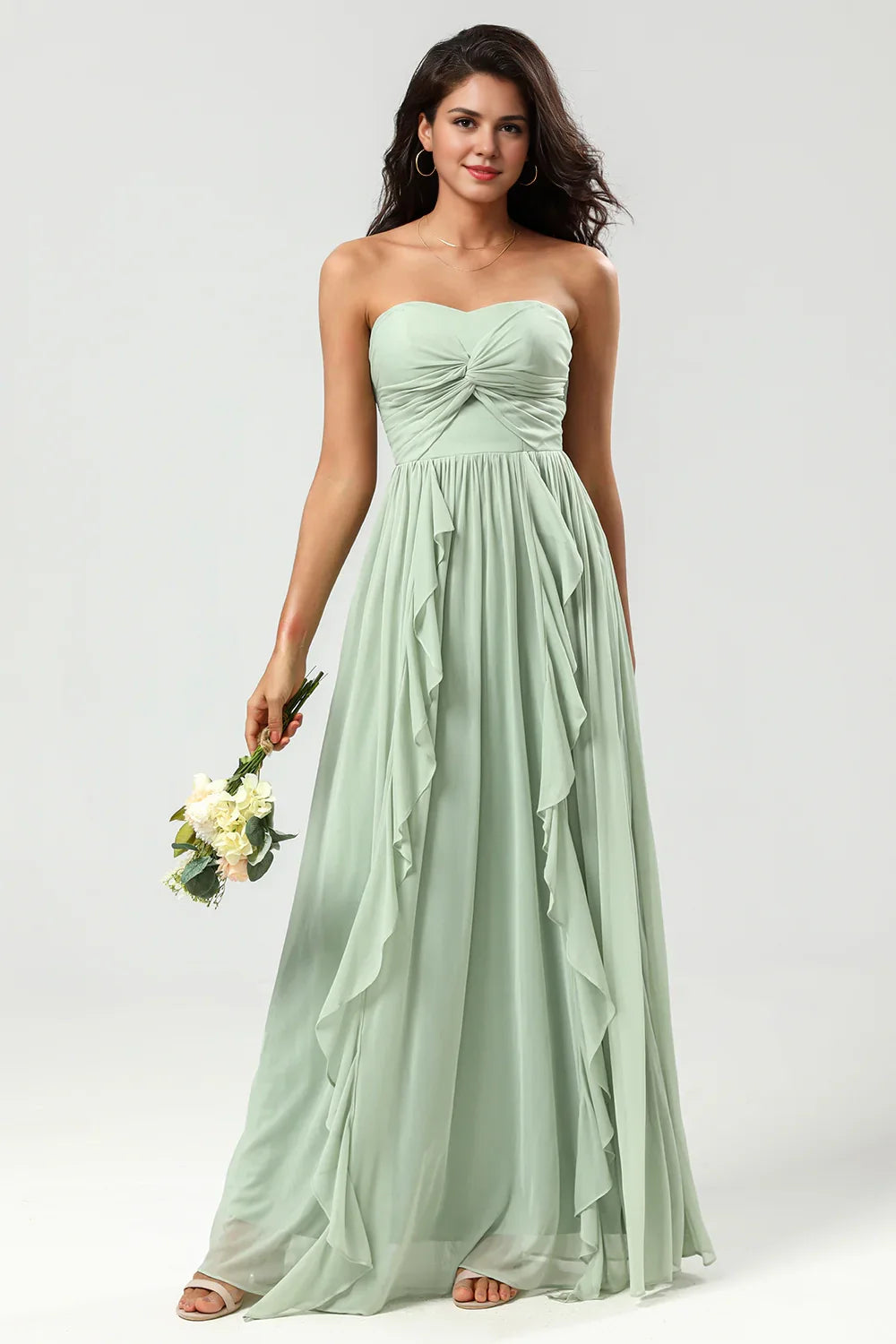 OKBBN charming A-line sweetheart long knitted chiffon ruffled Bridesmaid Dresses
