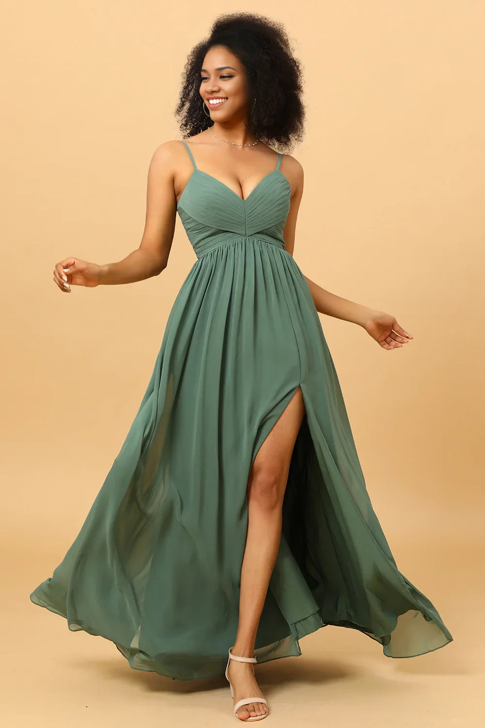 OKBBN charming A-line thin shoulder strap pleated long chiffon slit Bridesmaid Dresses