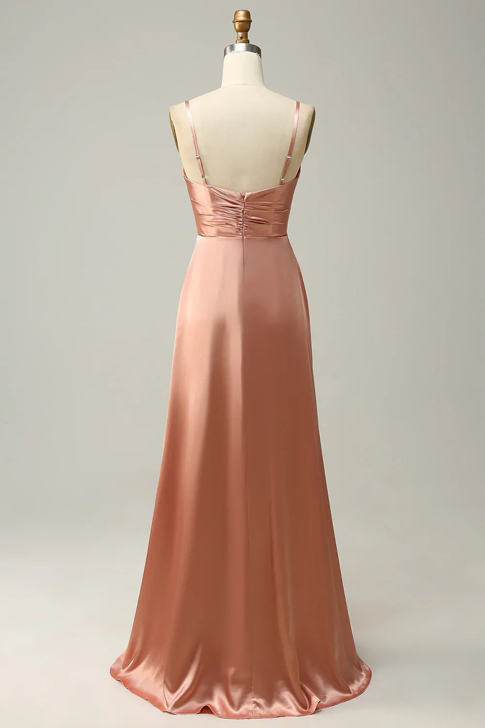 OKBBN charming A-line thin shoulder strap pleated long satin slit Bridesmaid Dresses