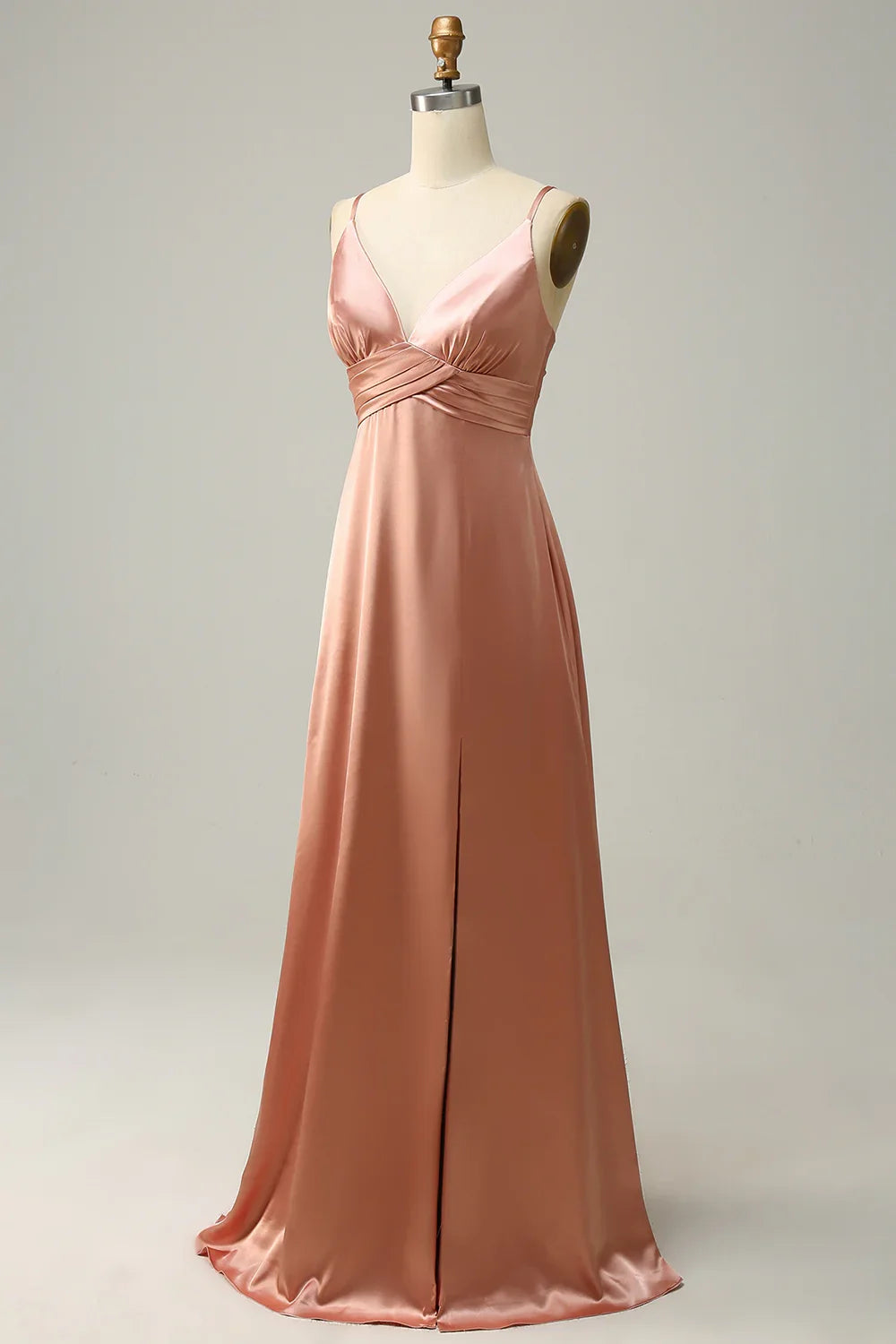 OKBBN charming A-line thin shoulder strap pleated long satin slit Bridesmaid Dresses