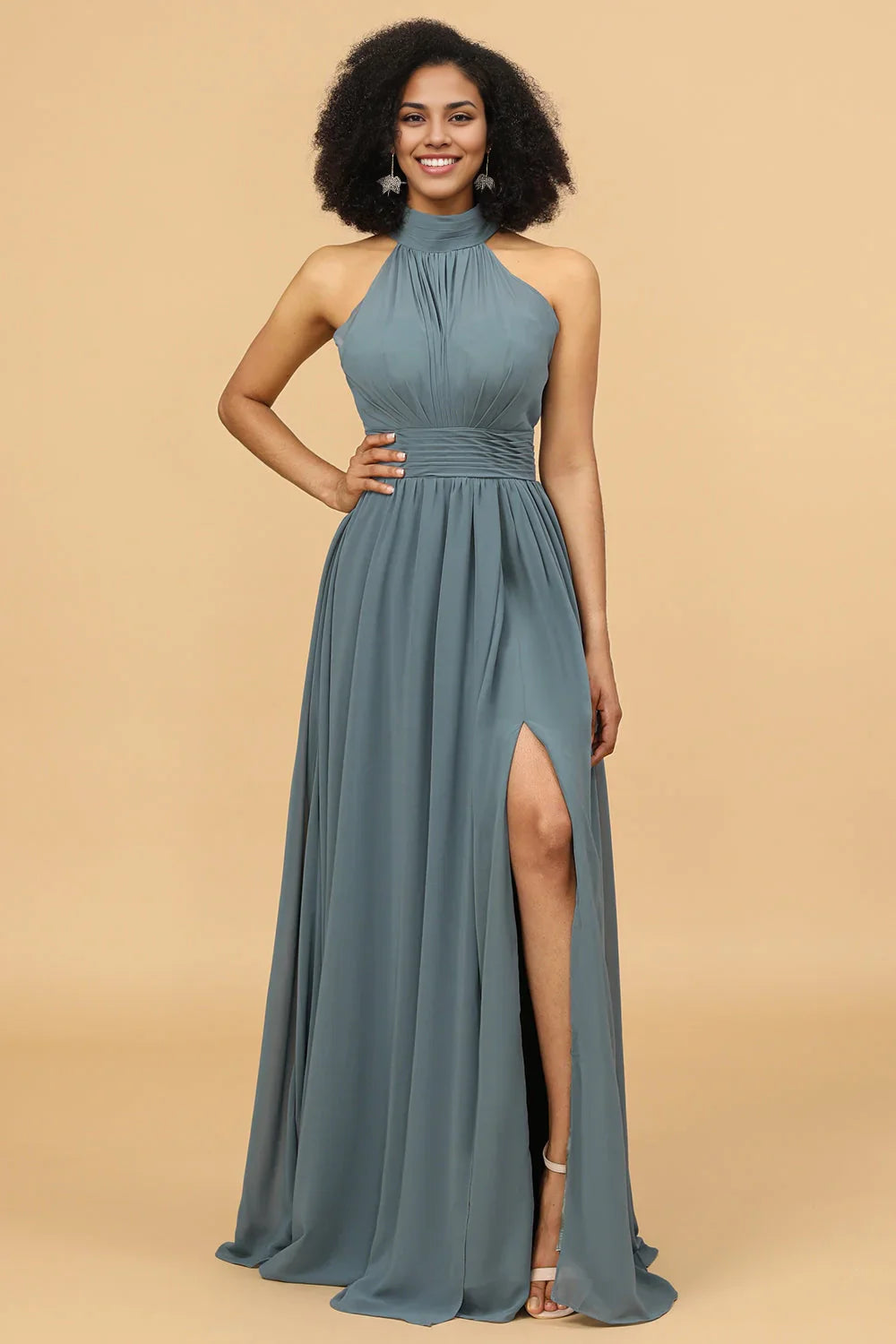 OKBBN charming backless pleated long chiffon slit Bridesmaid Dresses