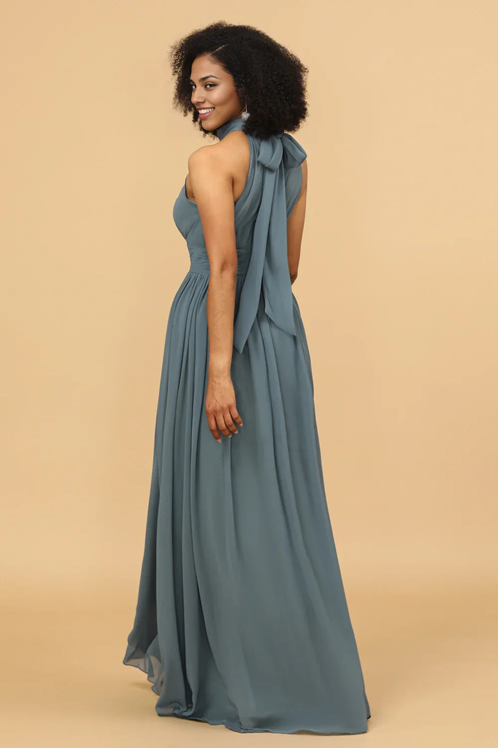 OKBBN charming backless pleated long chiffon slit Bridesmaid Dresses