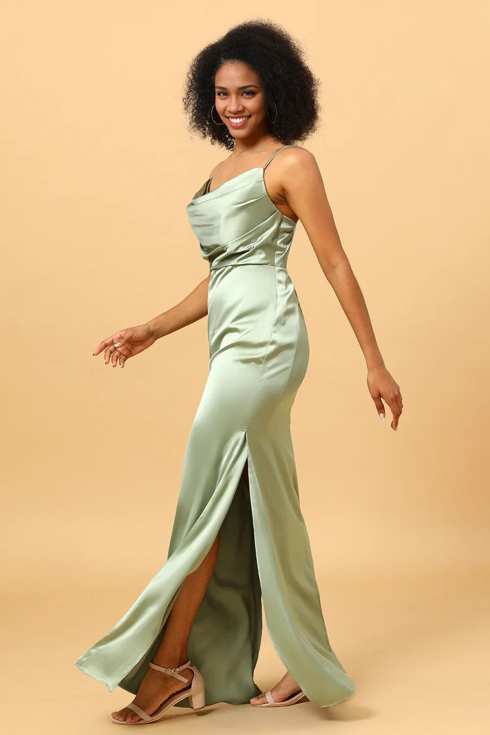 OKBBN charming mermaid neckline long satin thin shoulder straps sleeveless slim fit Bridesmaid Dresses