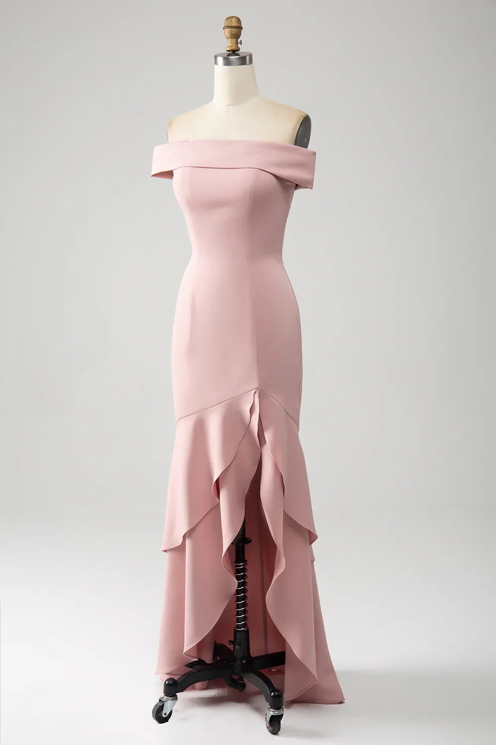 OKBBN charming ruffle trimming, low height, asymmetrical off shoulder Bridesmaid Dresses