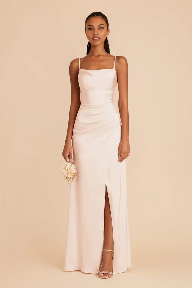 OKBBN charming thin shoulder strap matte satin scarf fully lined with overlapping slits Prom Dresses