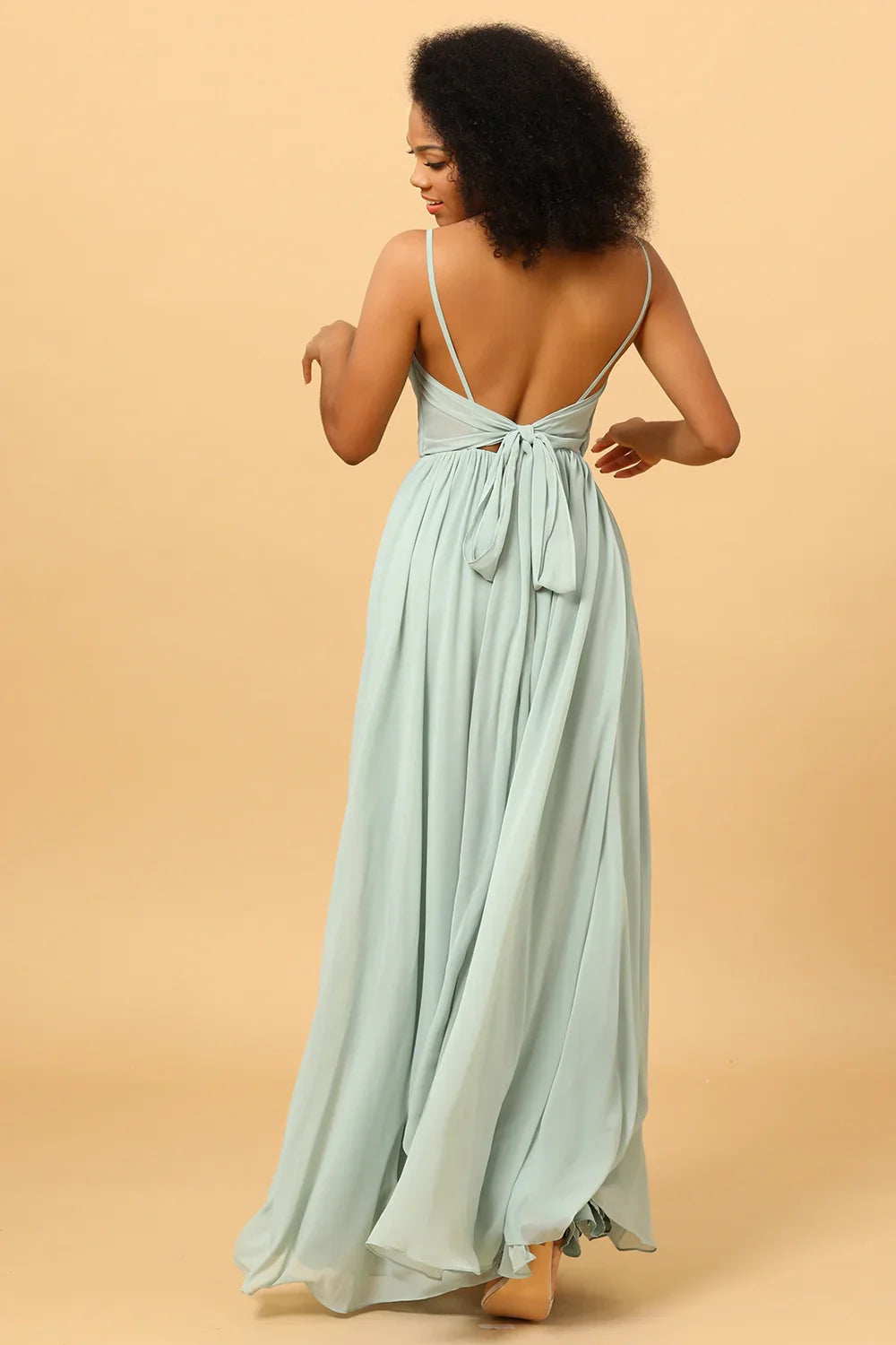 OKBBN charming thin shoulder strap pleated long chiffon slit Bridesmaid Dresses