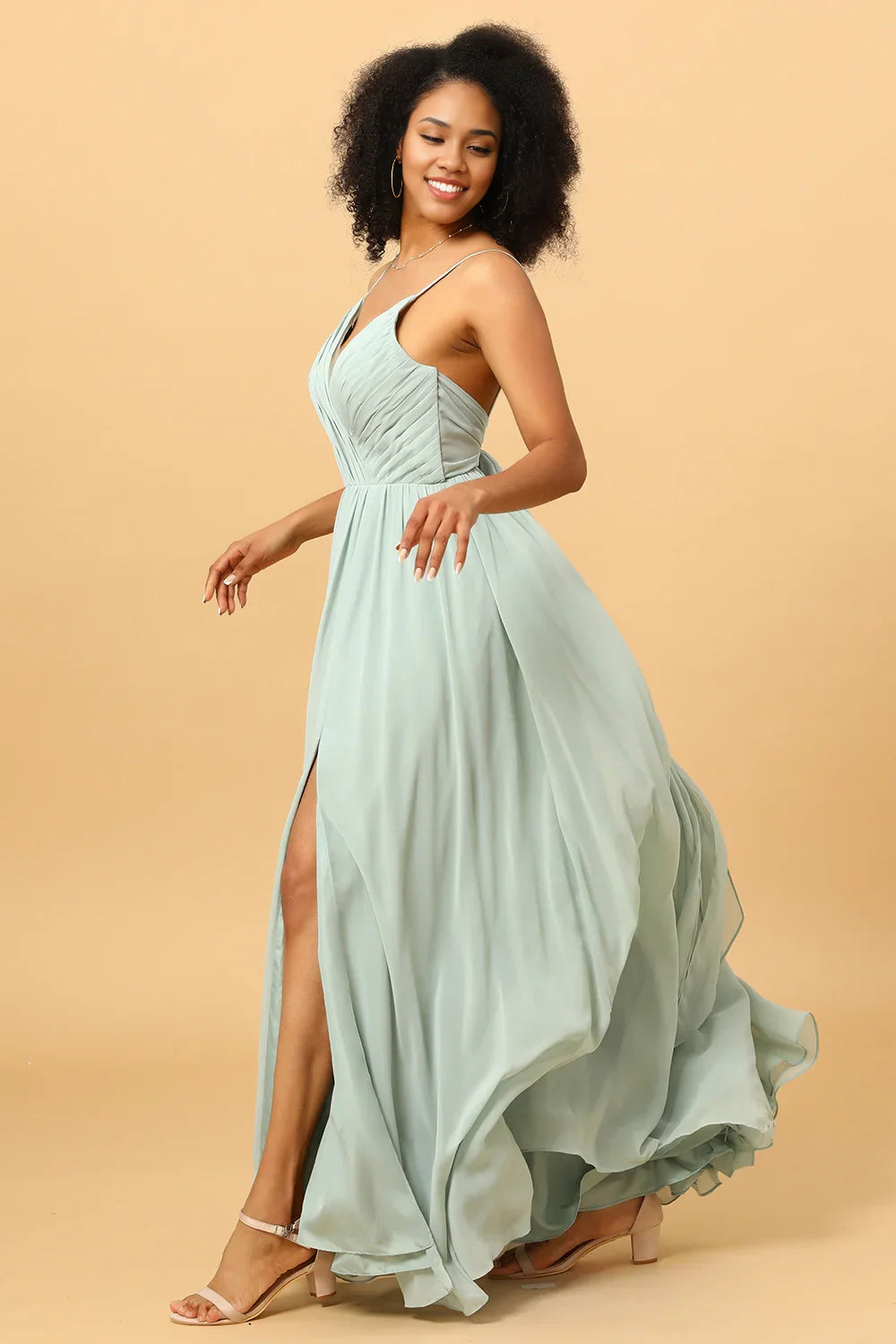 OKBBN charming thin shoulder strap pleated long chiffon slit Bridesmaid Dresses