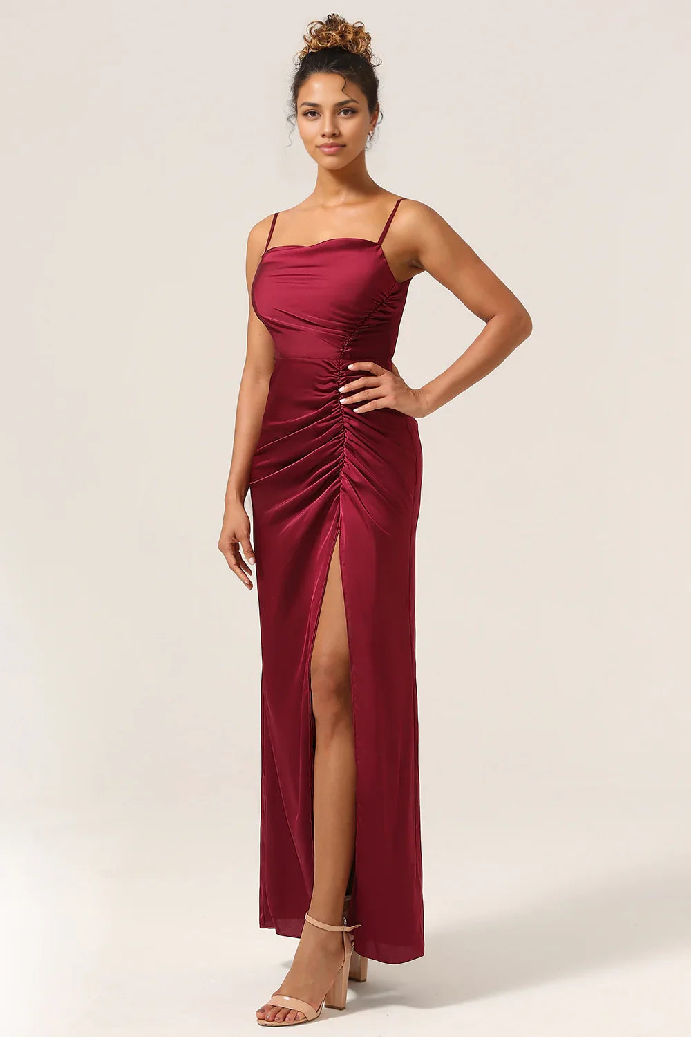 OKBBN charming tight slim shoulder strap long front slit Bridesmaid Dresses