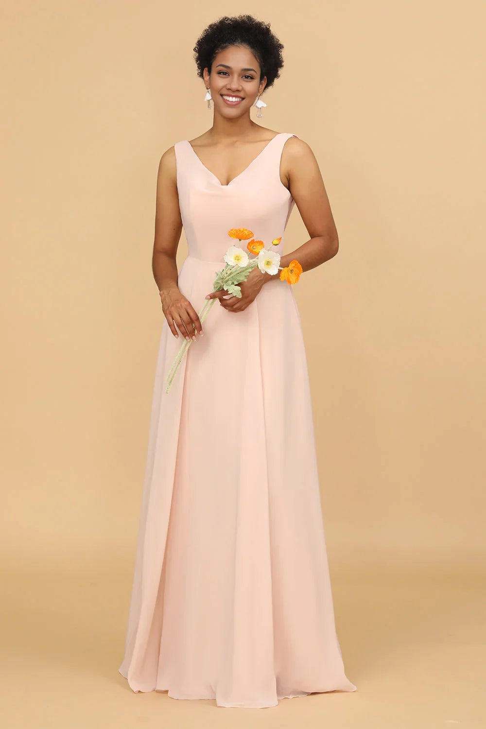 OKBBN elegant A-line V-neck chiffon long Bridesmaid Dresses