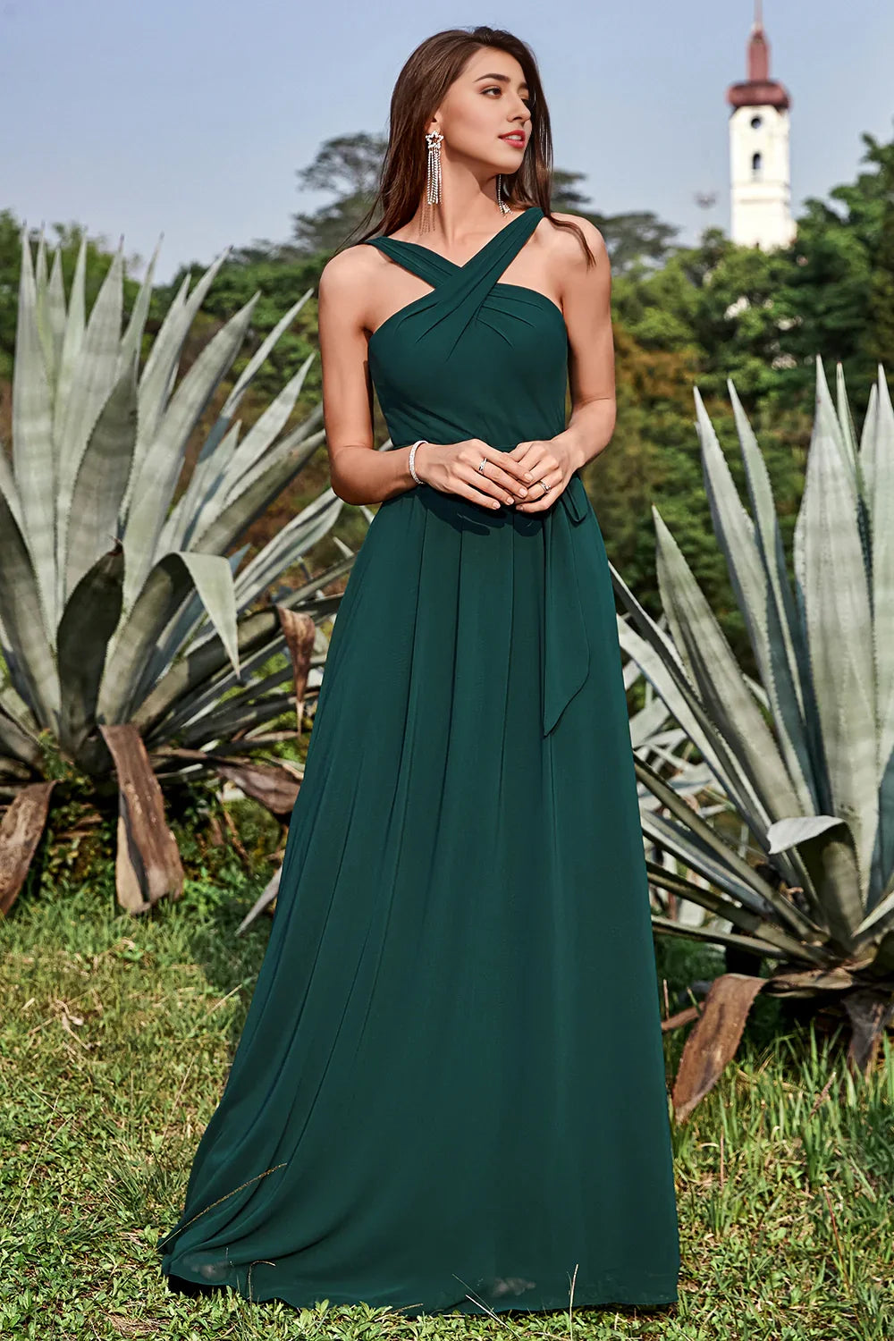 OKBBN elegant A-line backless and ground pine chiffon Bridesmaid Dresses