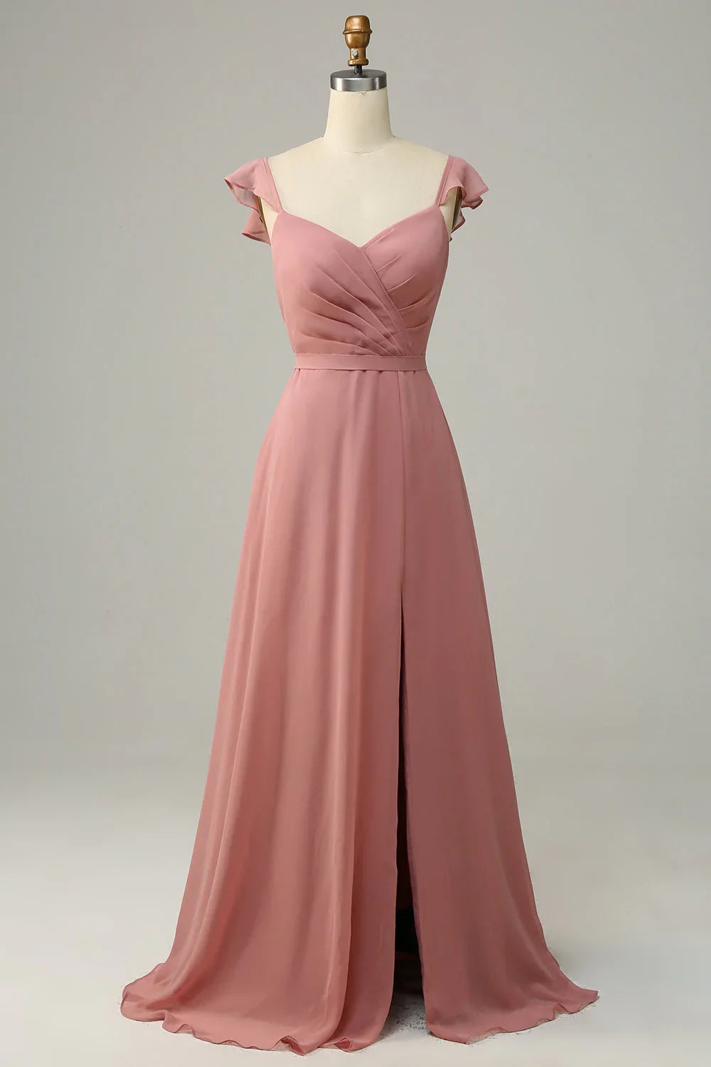 OKBBN elegant A-line lotus leaf edge length chiffon slit Bridesmaid Dresses