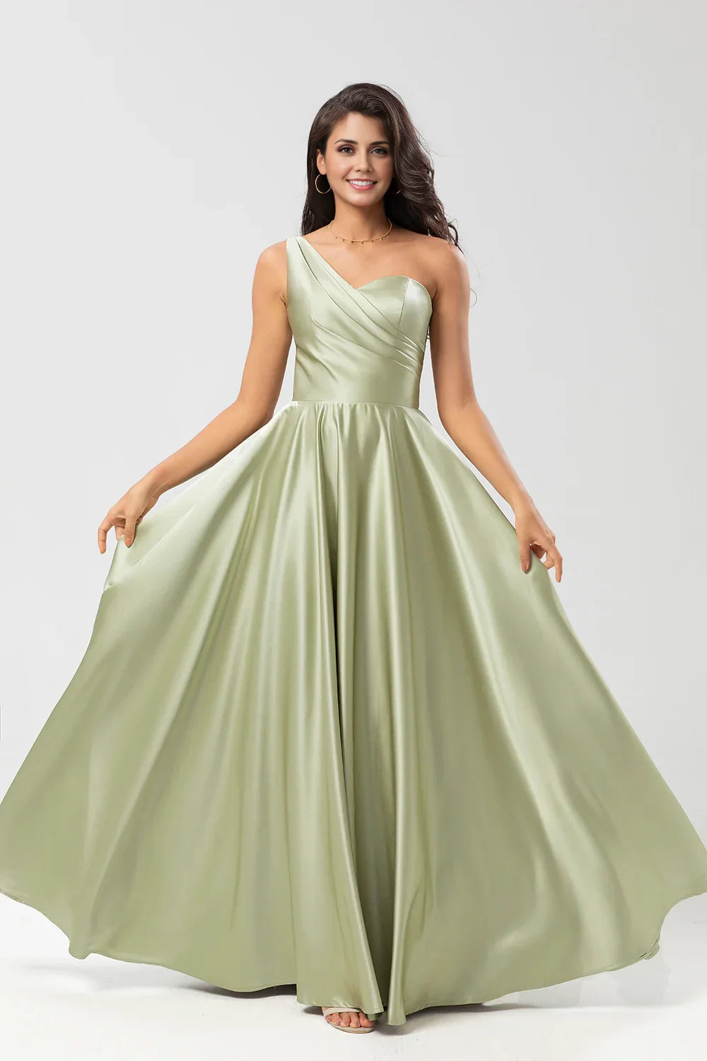 OKBBN elegant A-line single shoulder pleated satin Bridesmaid Dresses