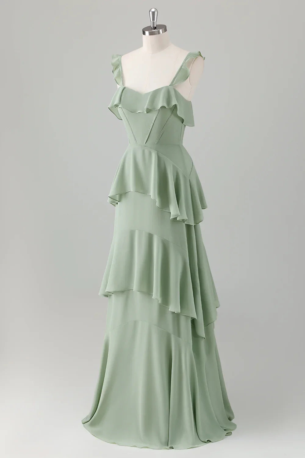 OKBBN elegant A-line square neck chiffon layered long Bridesmaid Dresses