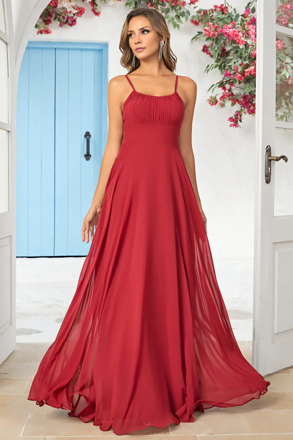 OKBBN elegant A-line thin shoulder strap chiffon long Bridesmaid Dresses