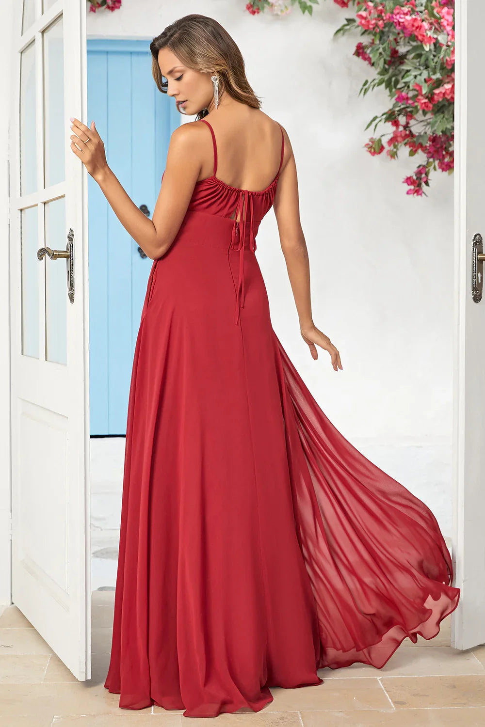 OKBBN elegant A-line thin shoulder strap chiffon long Bridesmaid Dresses