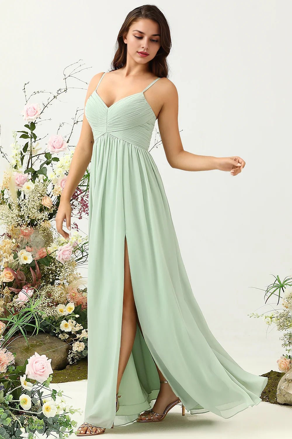 OKBBN elegant A-line thin shoulder strap pleated long chiffon slit Bridesmaid Dresses