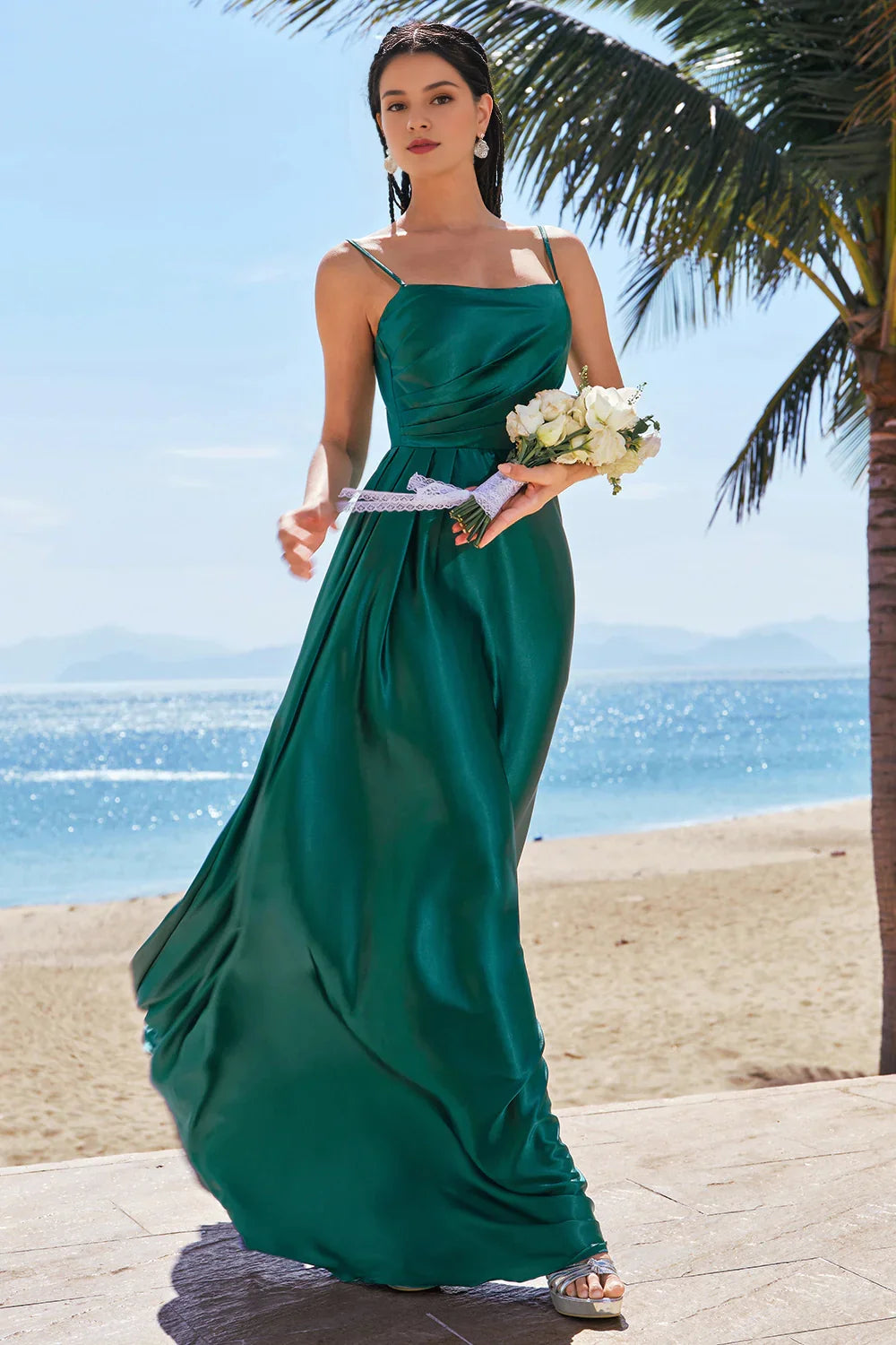 OKBBN elegant A-line thin shoulder strap pleated satin long Bridesmaid Dresses