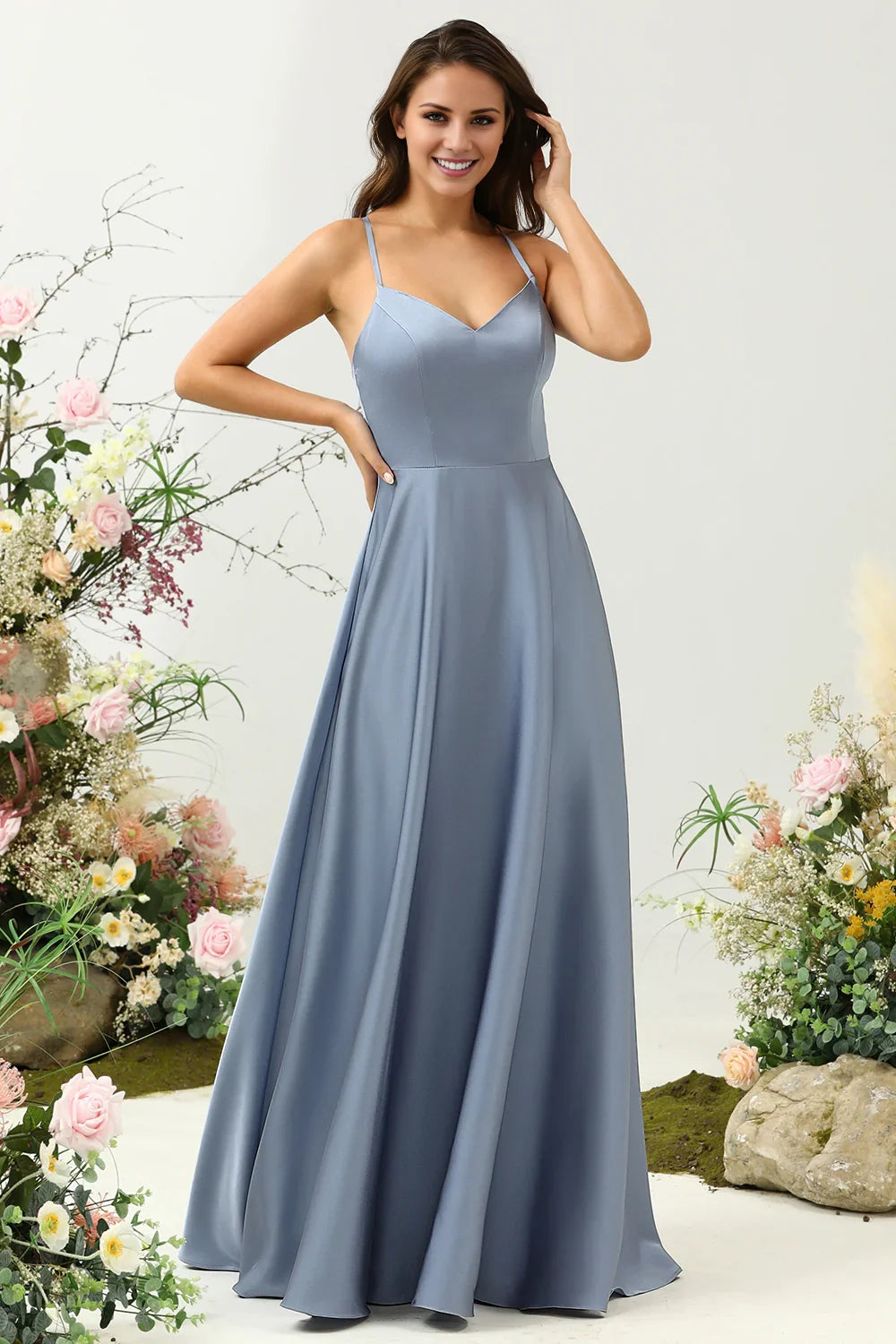 OKBBN elegant A-line thin shoulder strap with shiny satin ruffle edges Bridesmaid Dresses