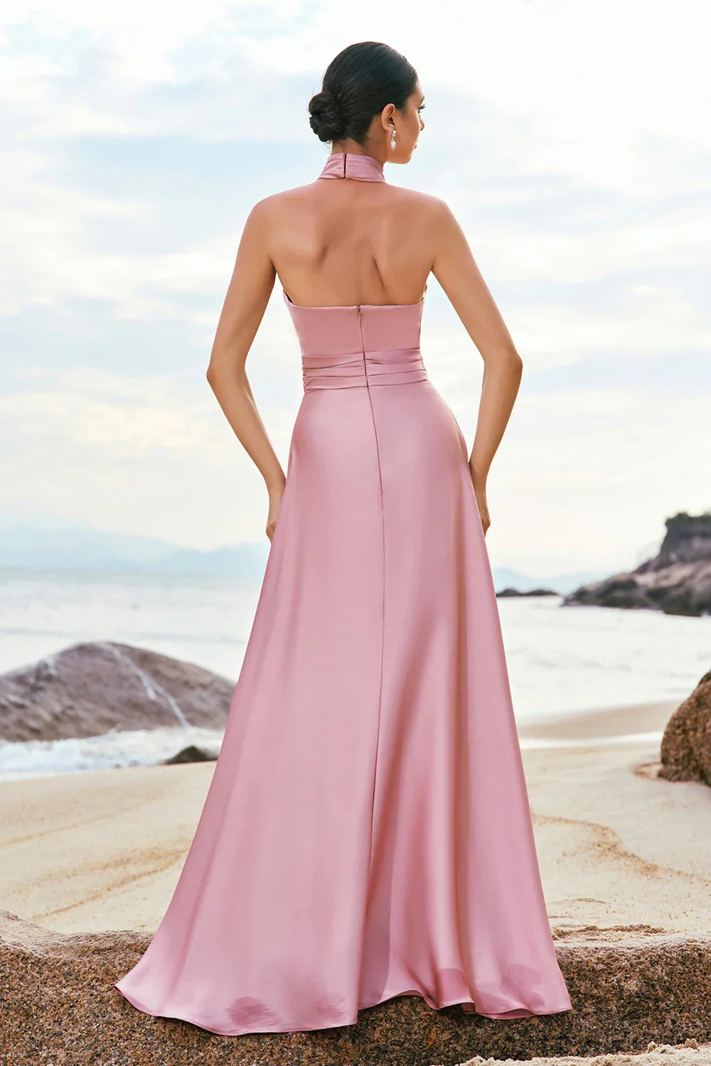 OKBBN elegant and beautiful A-line backless pleated satin long slit Bridesmaid Dresses