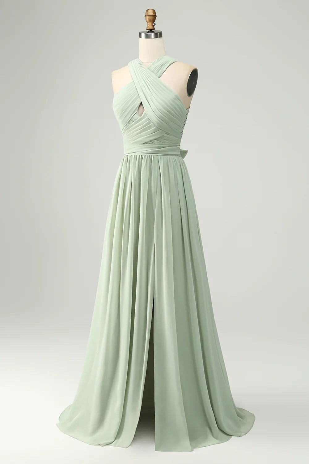 OKBBN elegant and charming A-line backless pleated long slit Bridesmaid Dresses