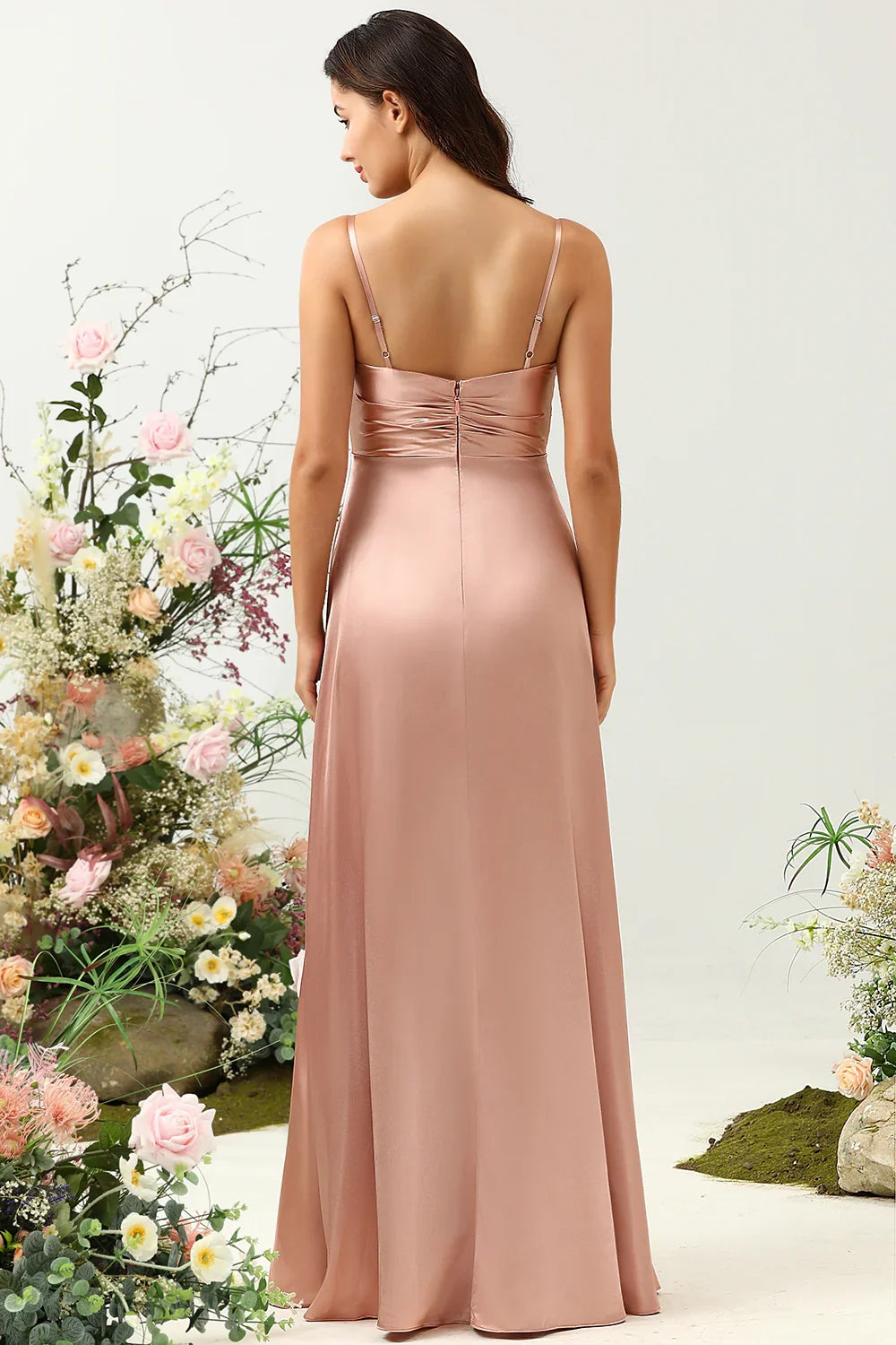 OKBBN elegant and charming A-line thin shoulder strap with shiny satin slit Bridesmaid Dresses